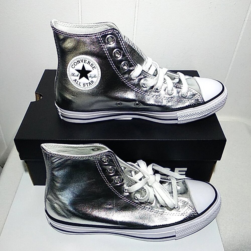 Converse Chuck Taylor All Star Hi Womens 8.5 Metallic Silver Shoes A14875C NEW